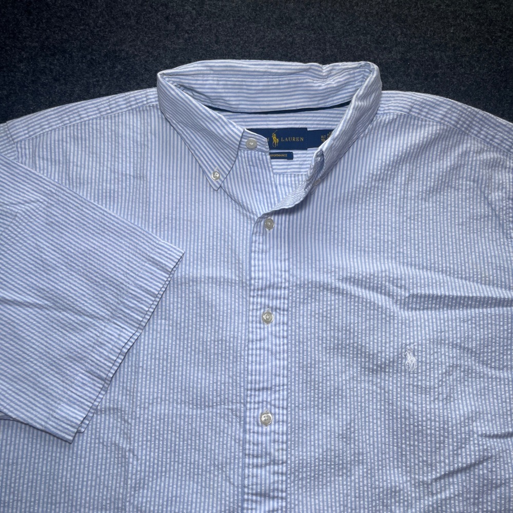 Ralph Lauren Shirt Mens XLT Blue Excellent Seersucker Performance Short Sleeve